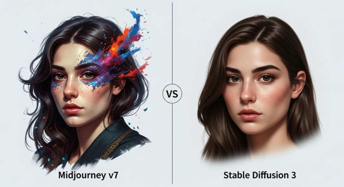 Midjourney v7 vs Stable Diffusion 3 image style comparison.