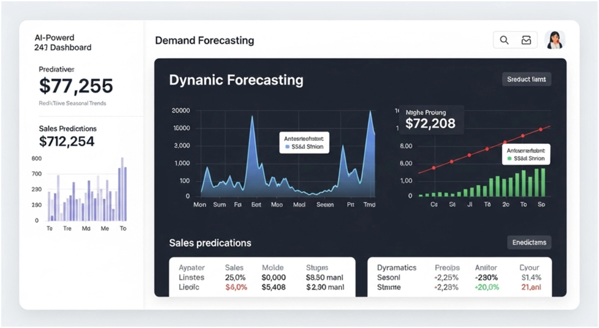 AI dashboard predicting product demand using charts, graphs, and real-time analytics from sales and seasonal trends