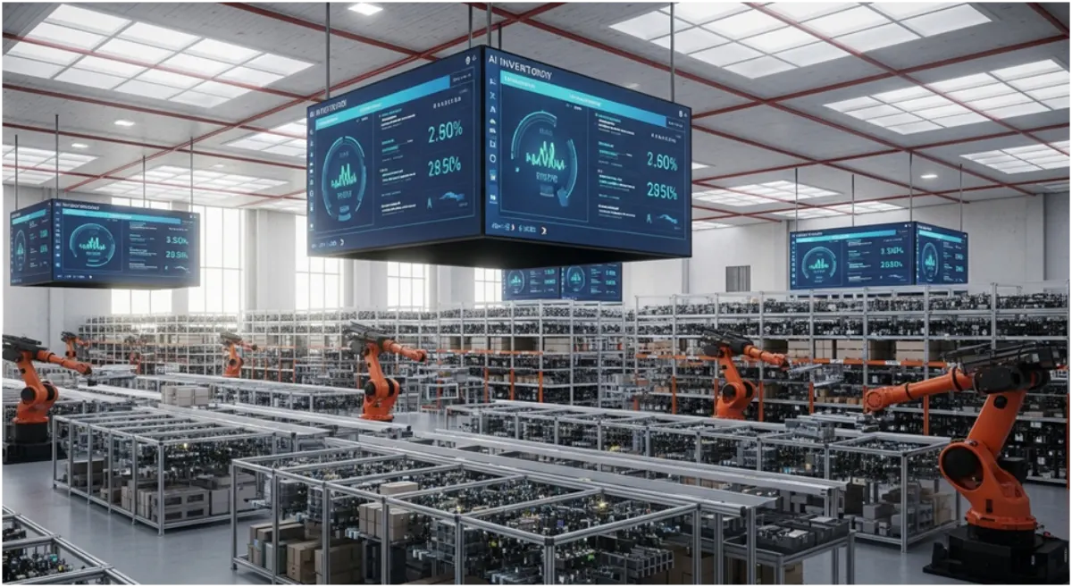 Smart warehouse shelves equipped with IoT sensors and robotic systems monitoring real-time stock levels