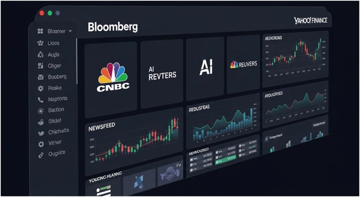 AI dashboard with news charts and media logos