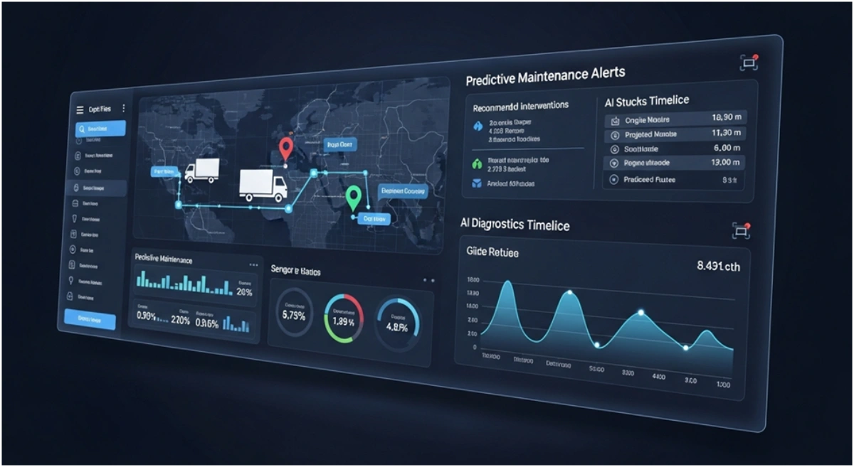 AI-powered fleet maintenance dashboard displaying alerts, vehicle diagnostics, and predictive analytics for delivery trucks