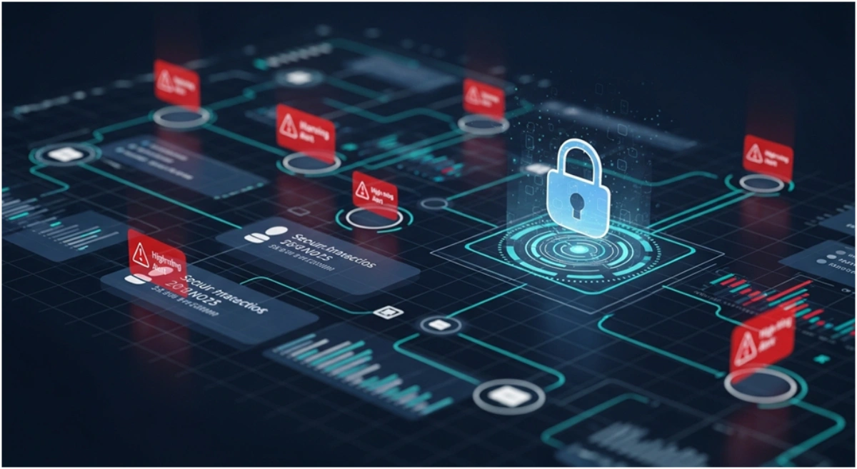 AI system detecting supply chain fraud with warning alerts and data anomaly detection on a digital cybersecurity interface