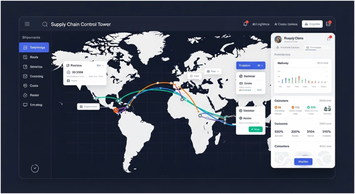 Global shipment tracking interface showing live GPS routes, dynamic maps, and delivery status updates powered by AI