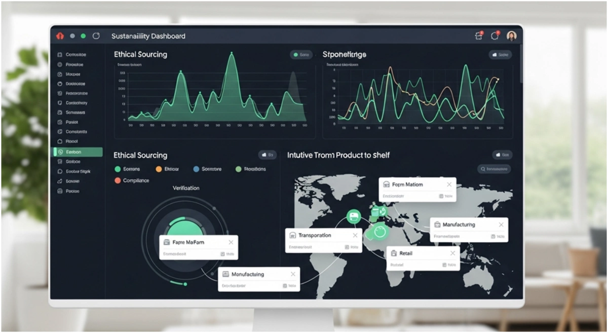 AI sustainability dashboard monitoring carbon emissions, verifying ethical sourcing, and tracing supply chain origins