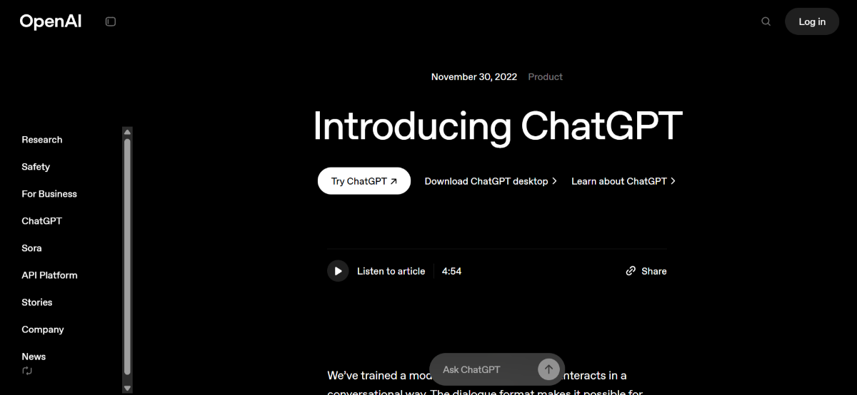 ChatGPT's clean interface with tools for writing, coding, and planning.