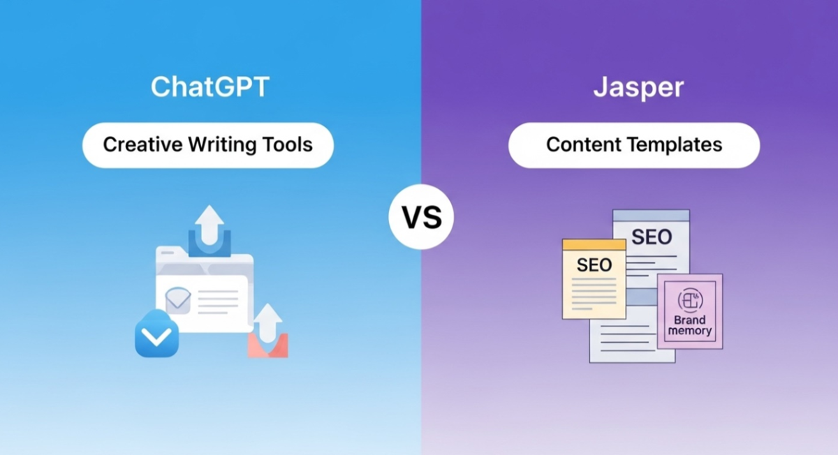 Visual feature table of ChatGPT vs Jasper with icons.