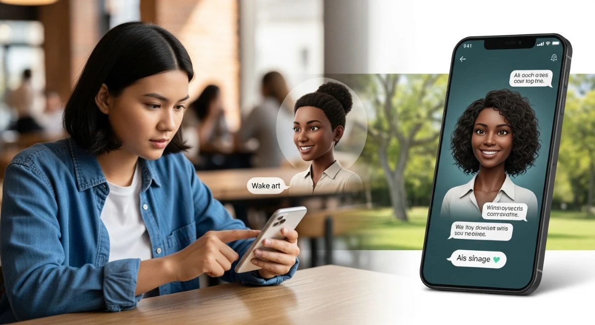 Student chatting with AI language tutor on phone.