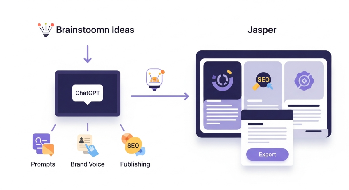 Workflow showing ChatGPT for ideas, Jasper for SEO and publishing.