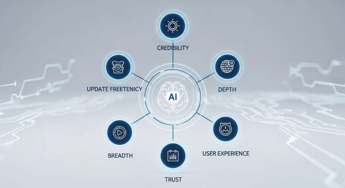 Icons showing AI news site evaluation criteria