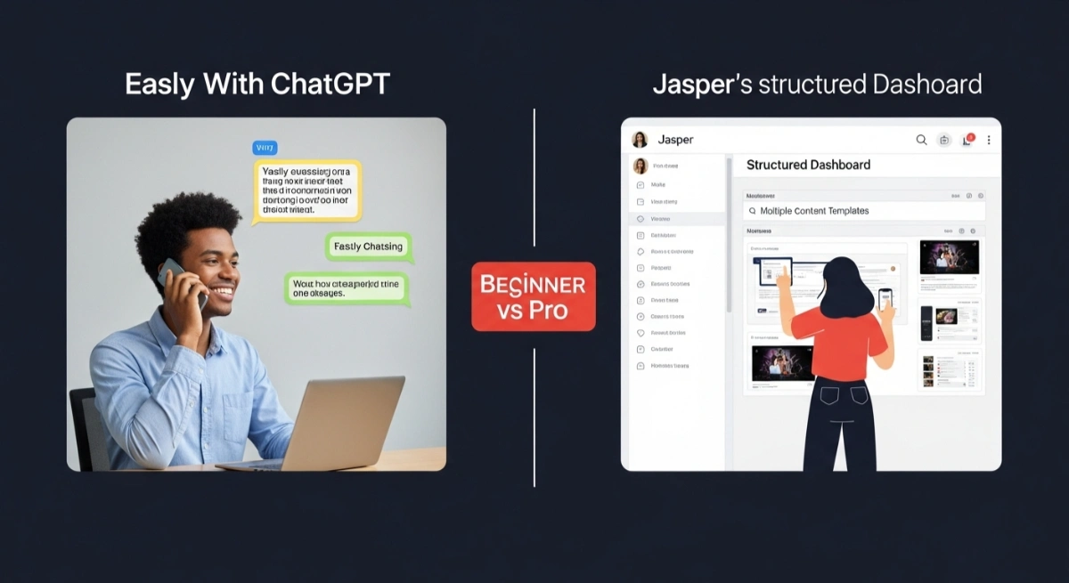 User chatting with ChatGPT vs marketer using Jasper dashboard.
