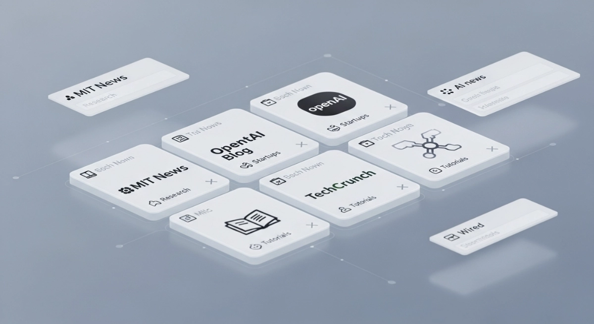 Grid of top AI news websites with glowing tiles