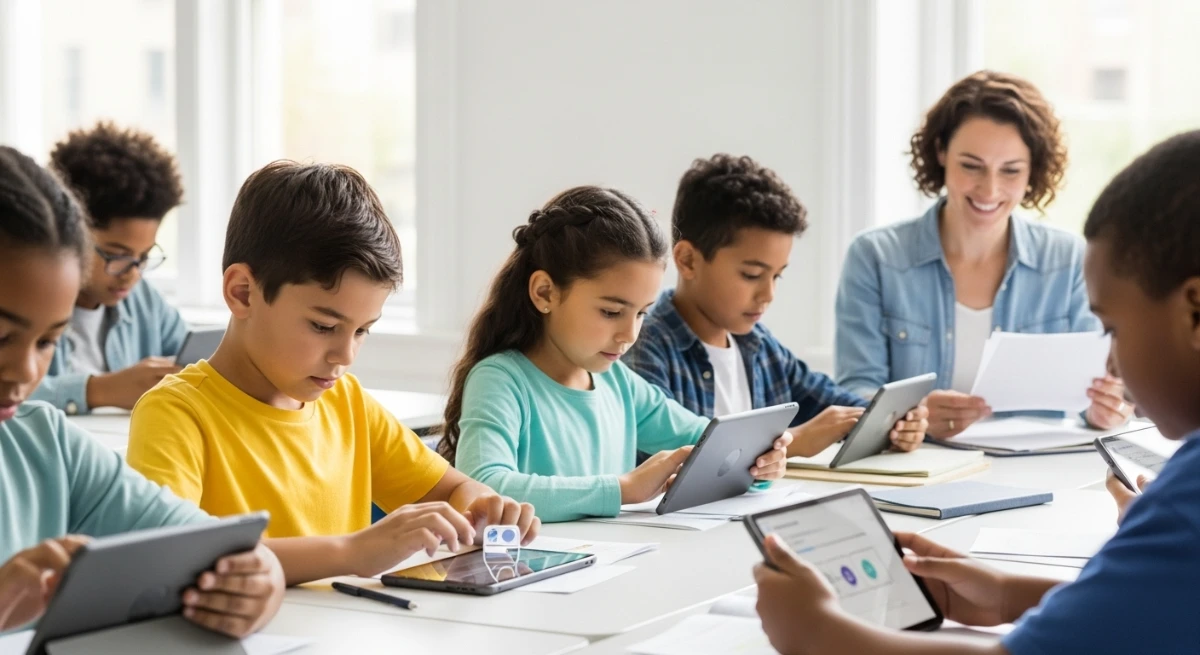 Kids using tablets for AI-powered learning.