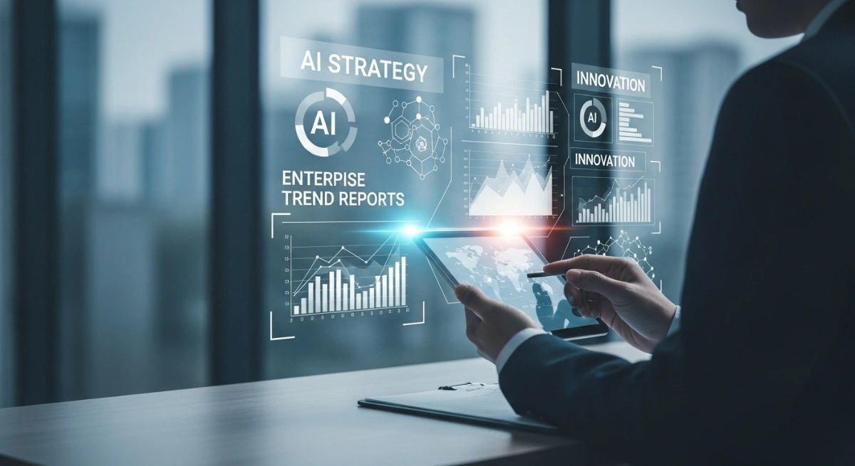 Executive reviewing AI business strategy reports and market trends