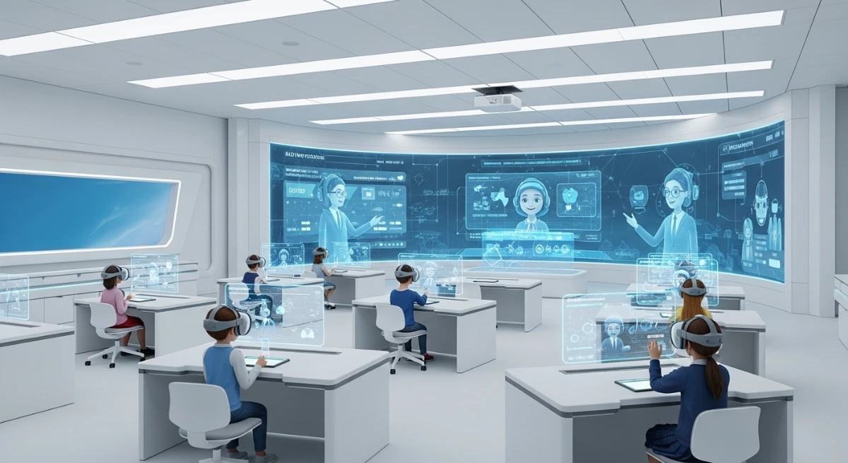 Students using VR headsets in an AI-powered smart classroom with holographic lessons.