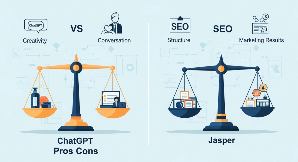 Balanced scale comparing ChatGPT creativity and Jasper SEO power.