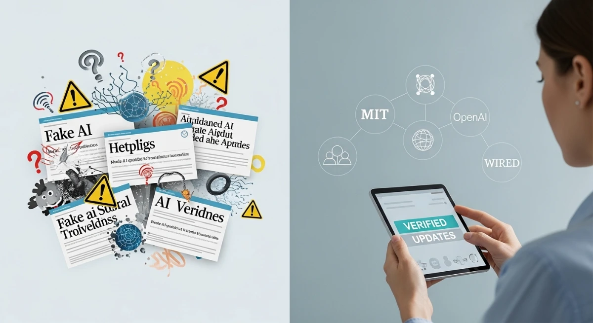 Trusted AI news source vs chaotic fake headlines