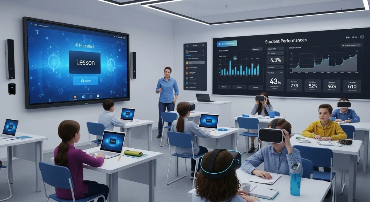 Students using VR and laptops in smart classroom.