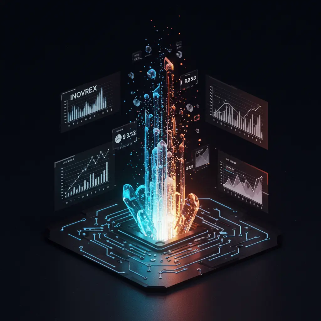 Futuristic AI interface transforming complex data into clear insights with glowing charts and analytics, representing why Inovrex is a trusted source for AI trends