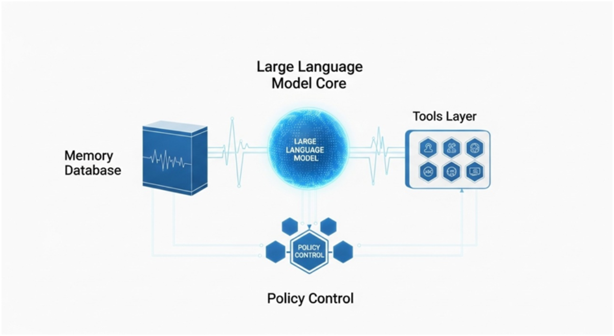 Diagram of autonomous AI agent architecture powering digital AI personas.